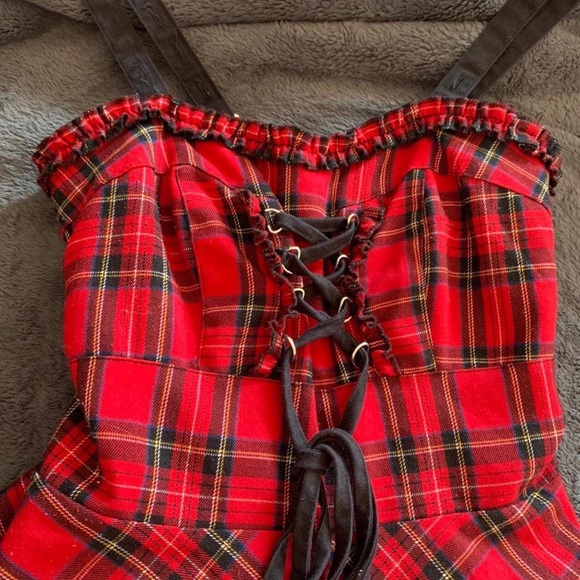 hell bunny tartan plaid goth mini dress with corset detail - Picture 3 of 4